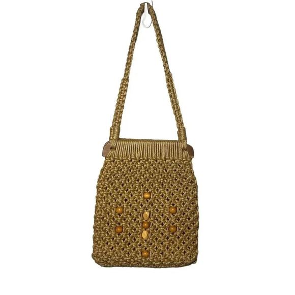 Macrame Crochet Beaded Bohemian Brown Shoulder Purse - Picture 1 of 4